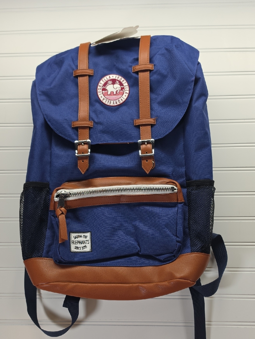 Ivory Ella Classic Navy and Tan Canvas Backpack With Padded Laptop Pocket NWT